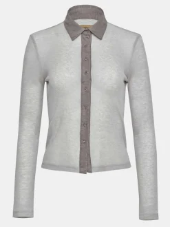 Women Source Unknown Tops-Pietro Semi-Sheer Collar Top, Taupe Brown