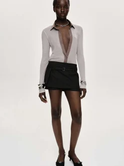 Women Source Unknown Tops-Pietro Semi-Sheer Collar Top, Taupe Brown