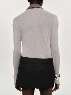 Women Source Unknown Tops-Pietro Semi-Sheer Collar Top, Taupe Brown