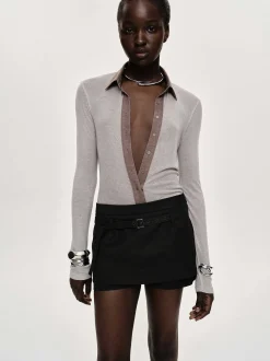 Women Source Unknown Tops-Pietro Semi-Sheer Collar Top, Taupe Brown