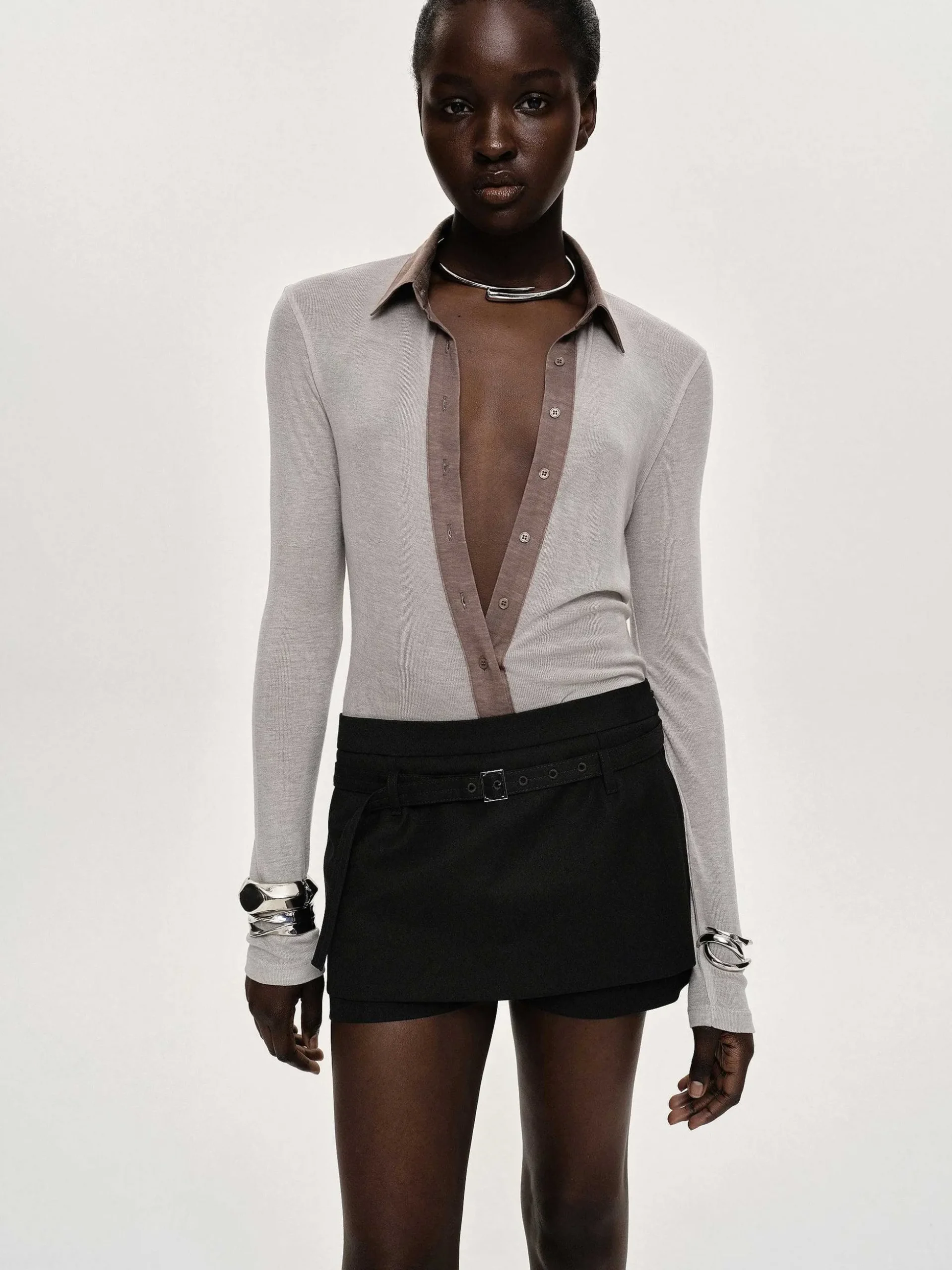 Women Source Unknown Tops-Pietro Semi-Sheer Collar Top, Taupe Brown