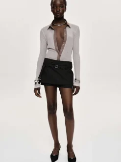 Women Source Unknown Clothing-Pietro Semi-Sheer Collar Top, Taupe Brown
