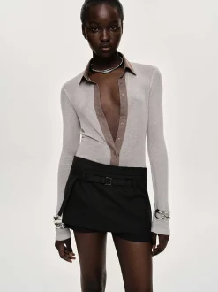 Women Source Unknown Clothing-Pietro Semi-Sheer Collar Top, Taupe Brown