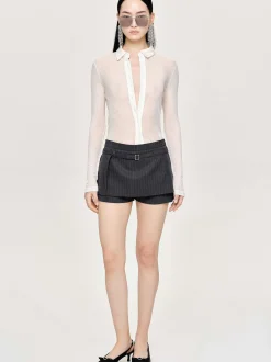 Women Source Unknown Tops-Pietro Semi-Sheer Collar Top, White