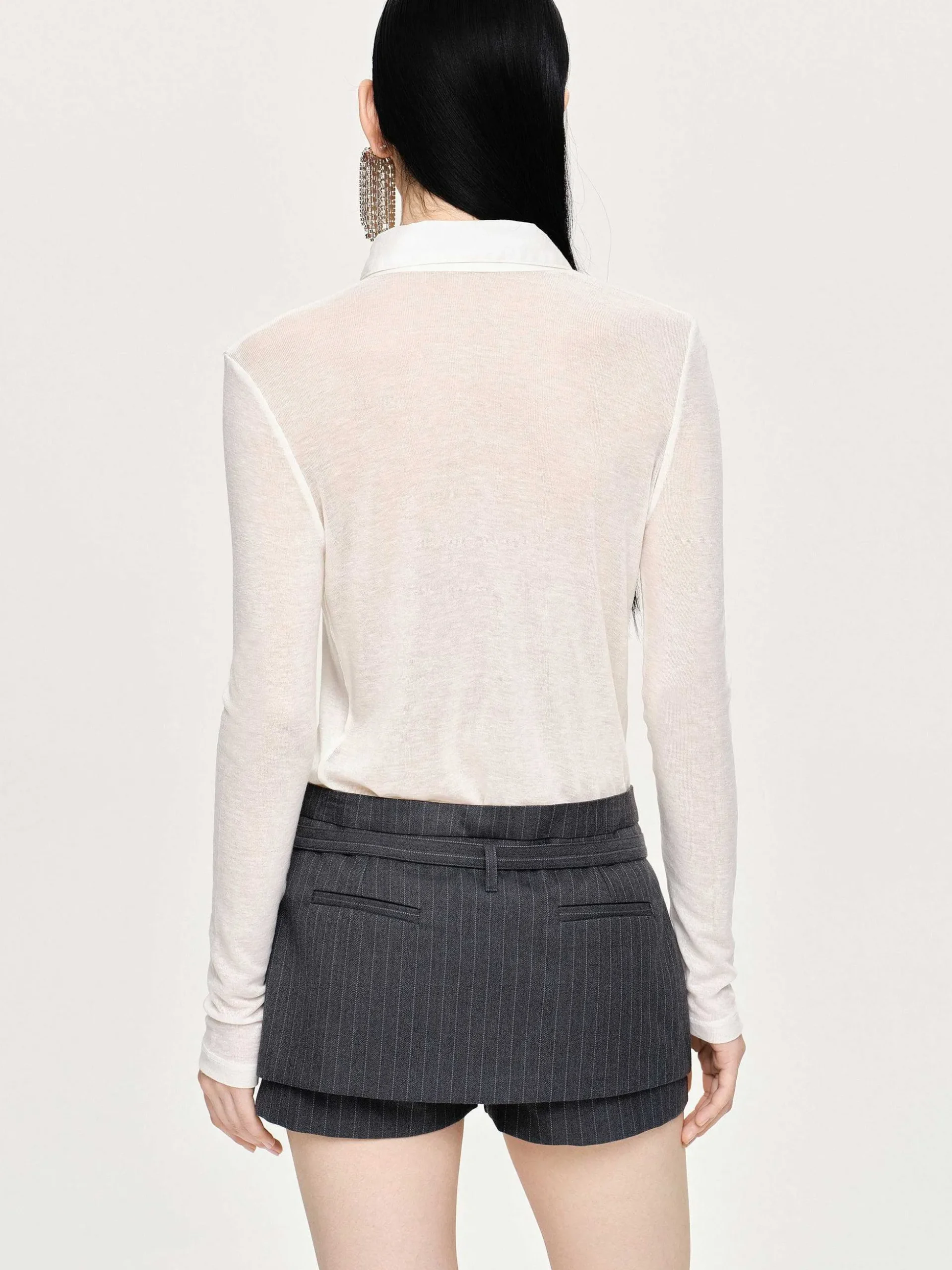 Women Source Unknown Tops-Pietro Semi-Sheer Collar Top, White
