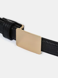 Women Source Unknown Clothing-Plate Buckle Croc-Effect Belt, Gold