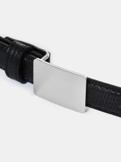 Women Source Unknown Accessories-Plate Buckle Croc-Effect Belt, Silver