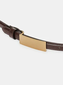 Women Source Unknown Clothing-Plate Buckle Leather Belt, Brunette