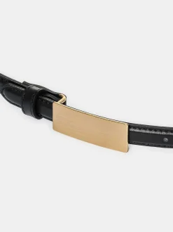 Women Source Unknown Clothing-Plate Buckle Leather Belt, Black