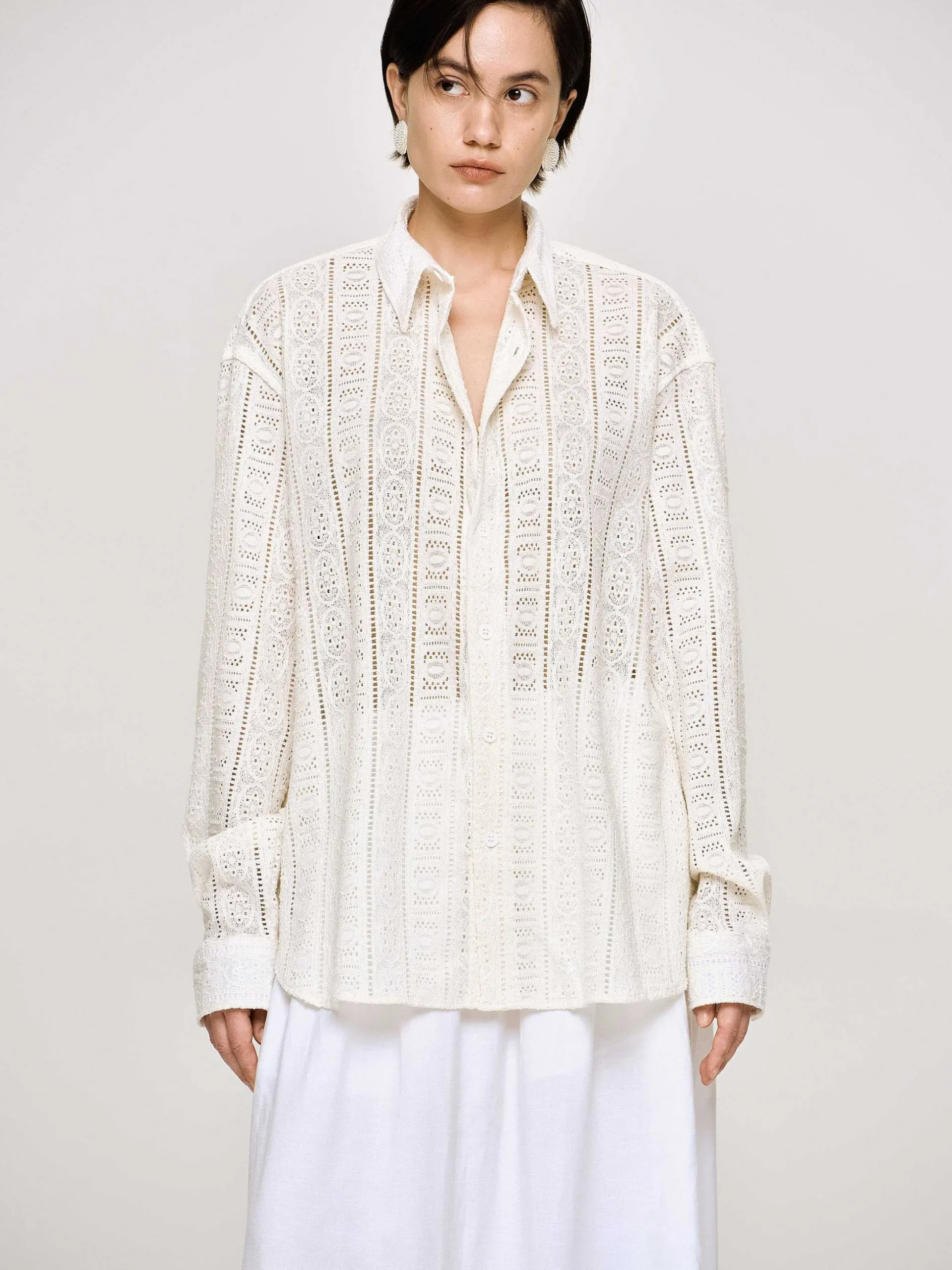 Women Source Unknown Accessories-Pointelle Oversized Button Down Shirt,