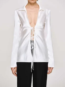 Women Source Unknown Tops-Reyna Satin Blouse, Pearl