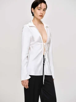 Women Source Unknown Tops-Reyna Satin Blouse, Pearl