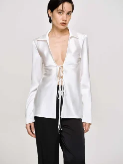 Women Source Unknown Clothing-Reyna Satin Blouse, Pearl