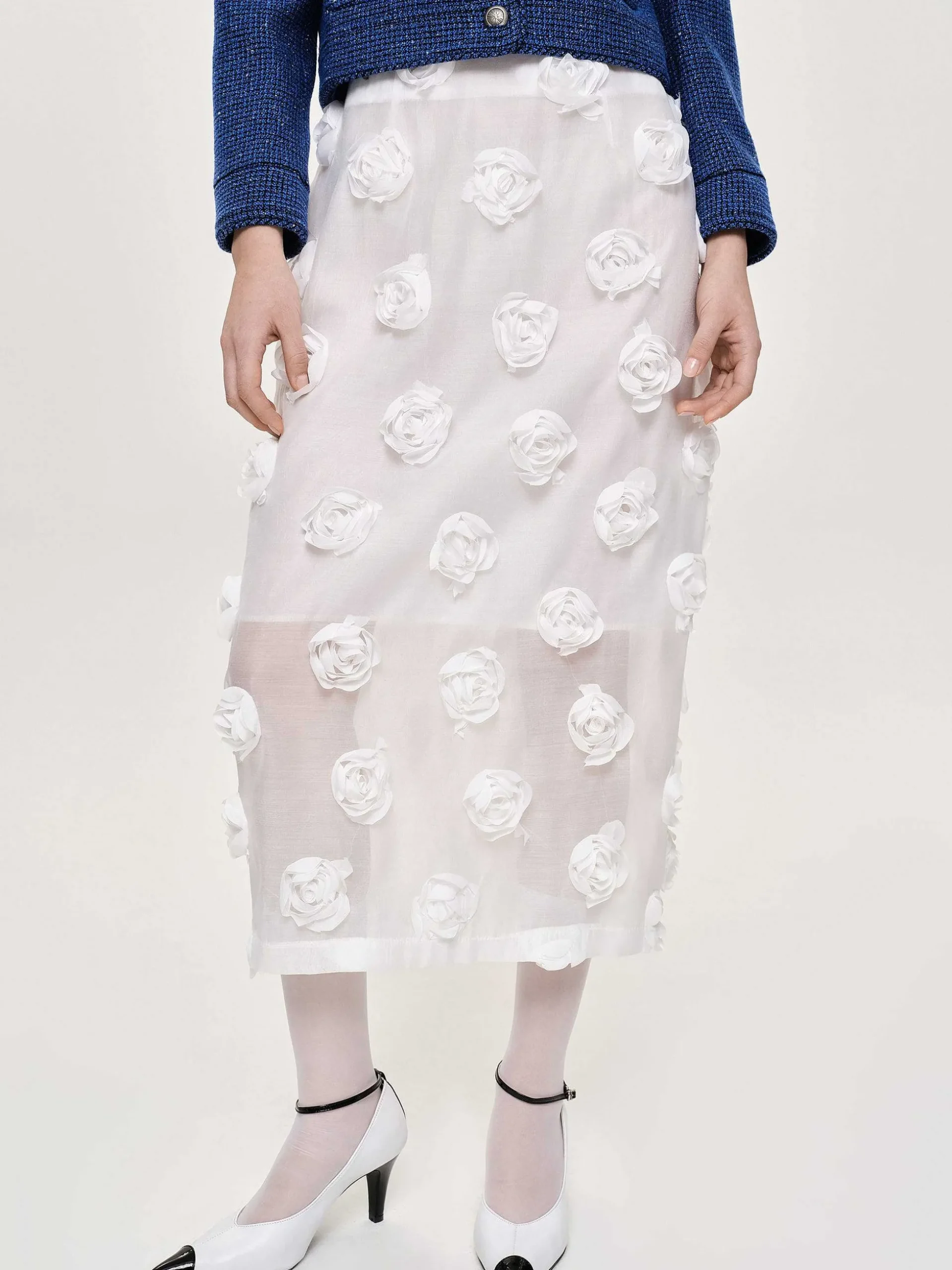 Women Source Unknown Bottoms-Rose Applique Midi Skirt, White