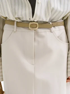 Women Source Unknown Accessories-Round Hexagon Leather Belt, Beige/Gold
