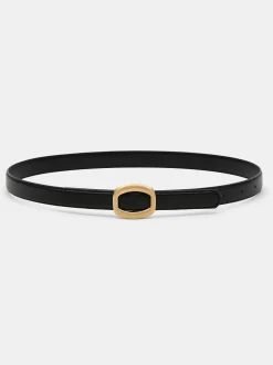 Women Source Unknown Clothing-Round Hexagon Leather Belt, Black/Gold