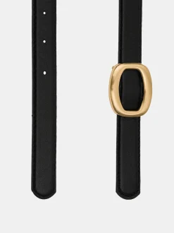 Women Source Unknown Accessories-Round Hexagon Leather Belt, Black/Gold