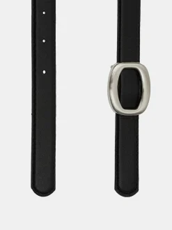 Women Source Unknown Clothing-Round Hexagon Leather Belt, Black/Silver