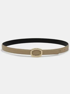 Women Source Unknown Clothing-Round Hexagon Leather Belt, Beige/Gold