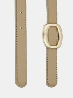 Women Source Unknown Clothing-Round Hexagon Leather Belt, Beige/Gold