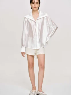 Women Source Unknown Tops-Sailor Collar Sheer Shirt, White