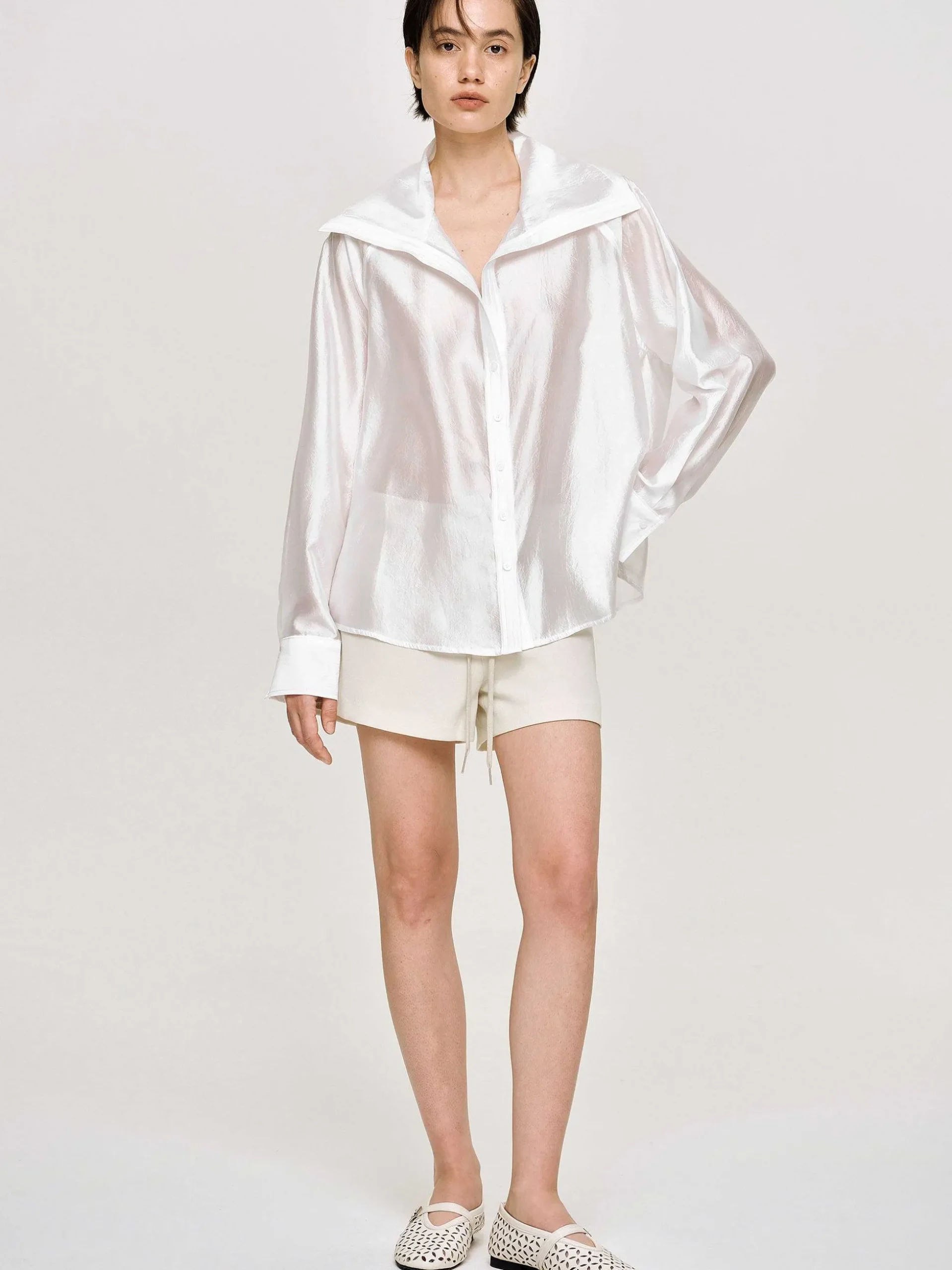 Women Source Unknown Tops-Sailor Collar Sheer Shirt, White