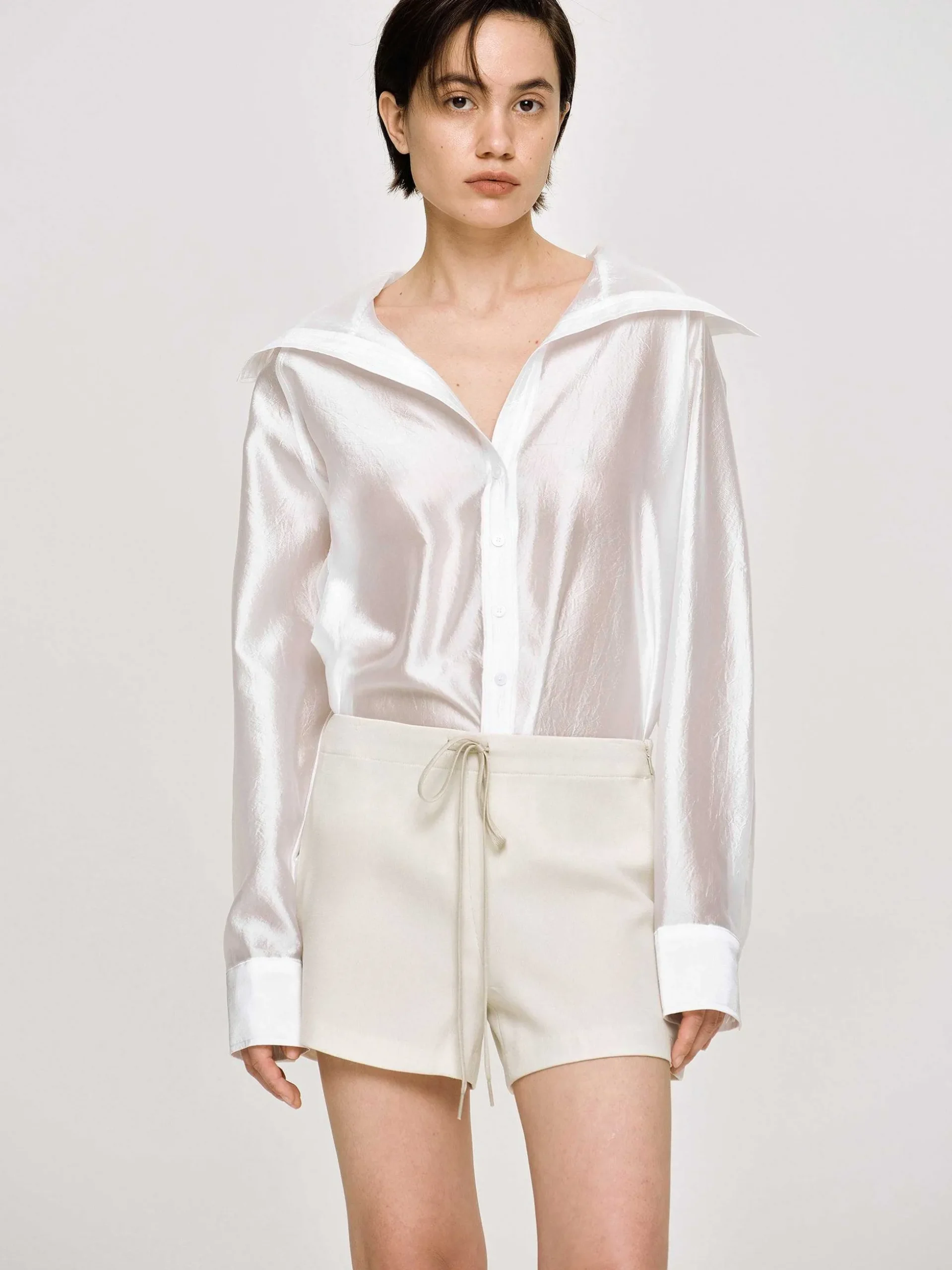 Women Source Unknown Tops-Sailor Collar Sheer Shirt, White