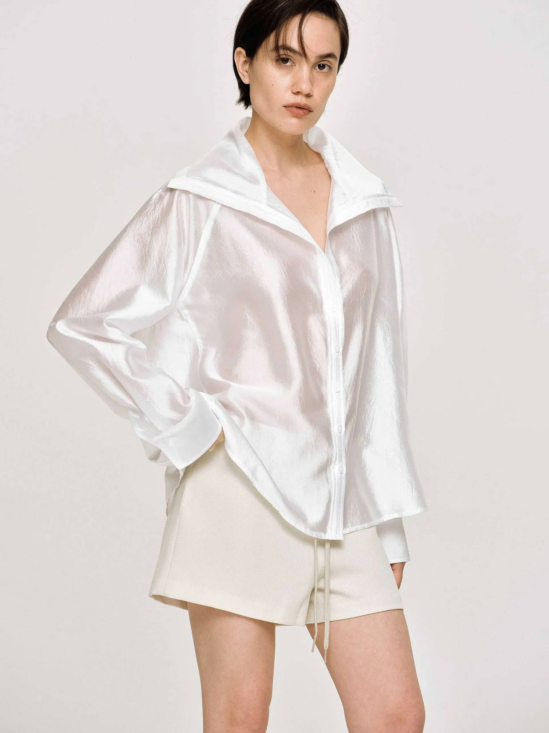 Women Source Unknown Tops-Sailor Collar Sheer Shirt, White