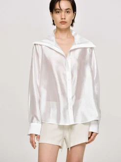 Women Source Unknown Tops-Sailor Collar Sheer Shirt, White