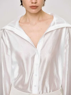 Women Source Unknown Tops-Sailor Collar Sheer Shirt, White