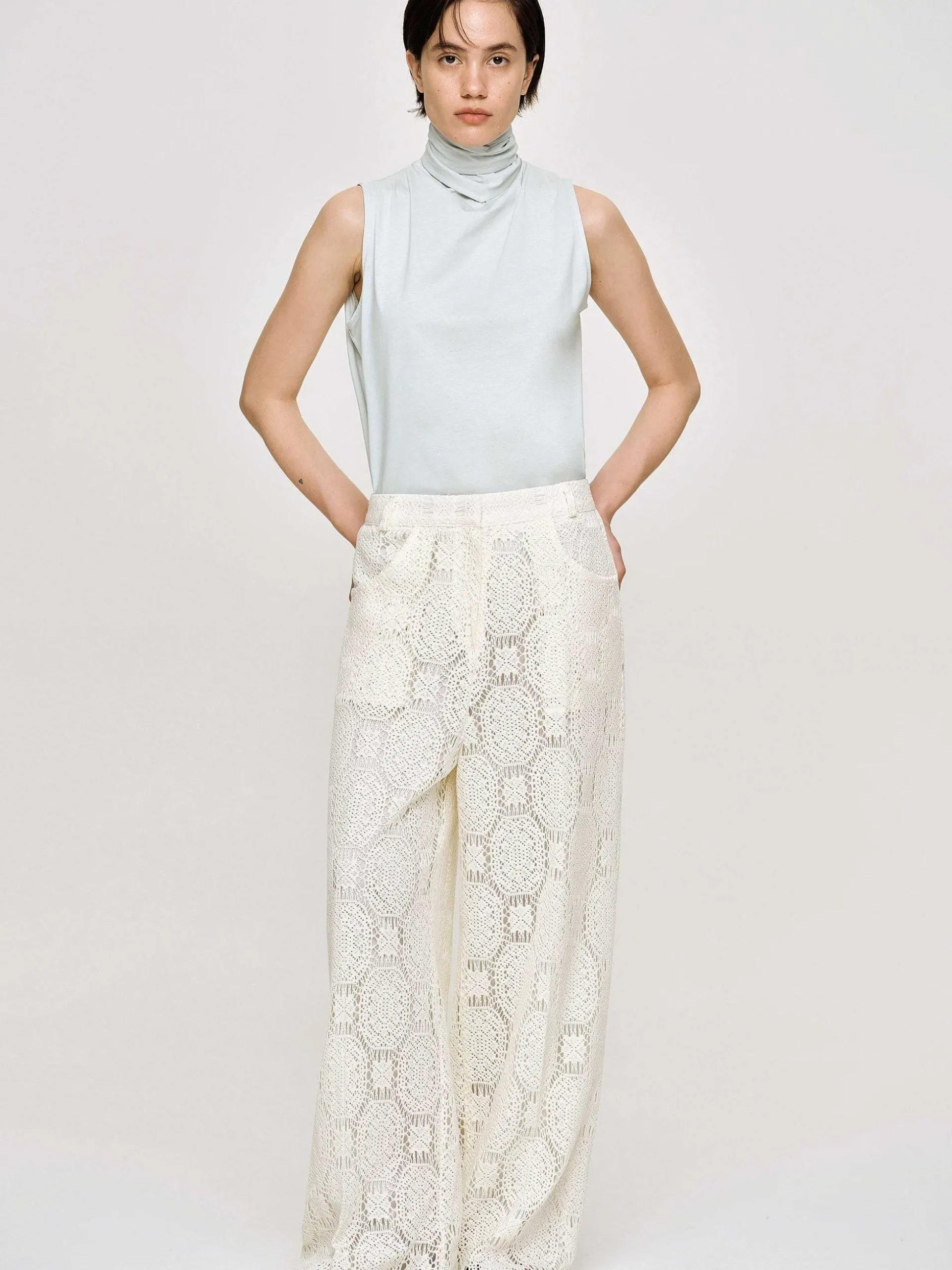 Women Source Unknown Bottoms-Sevilla Crochet Wide Trousers, Ecru