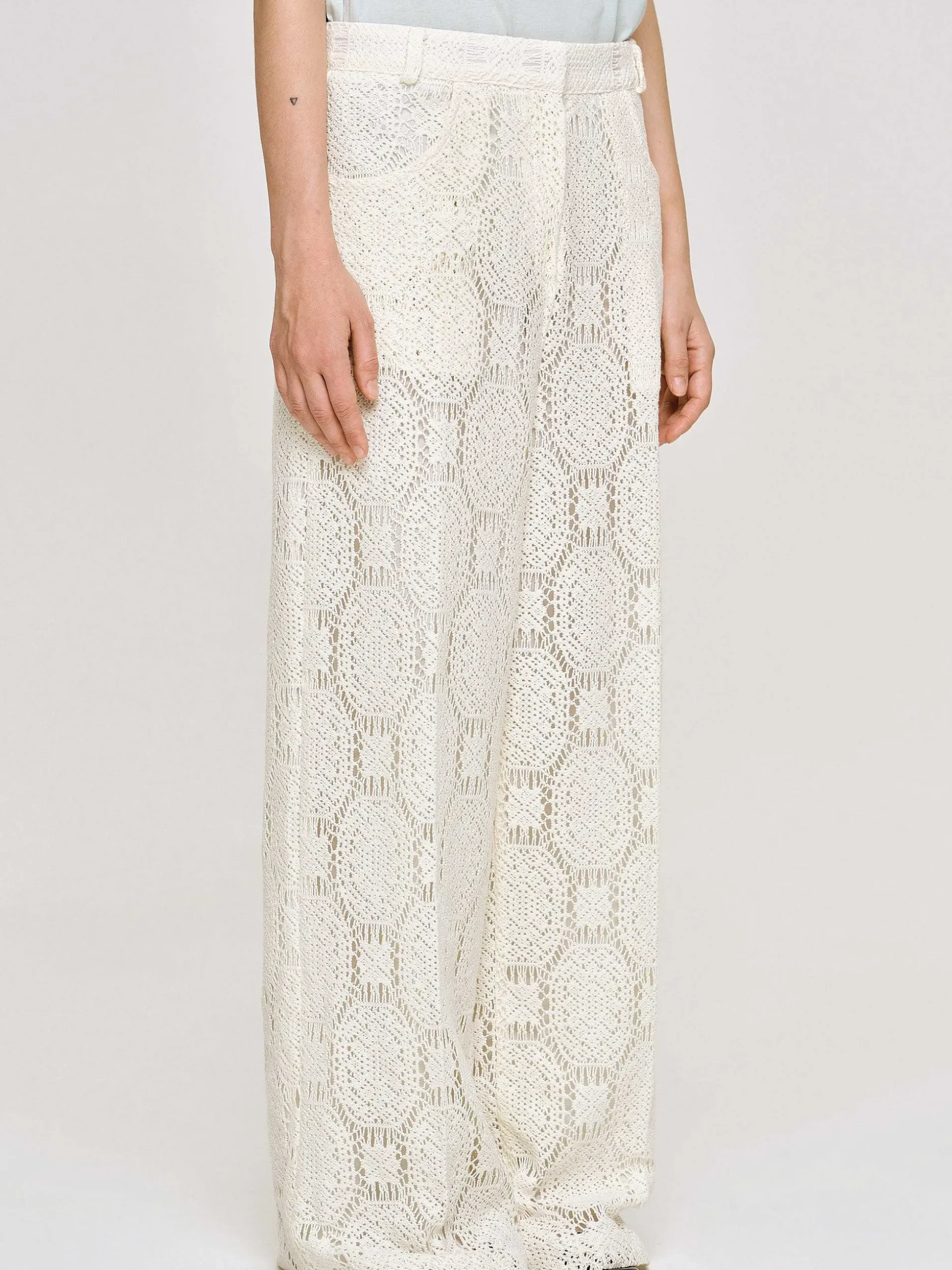 Women Source Unknown Clothing-Sevilla Crochet Wide Trousers, Ecru