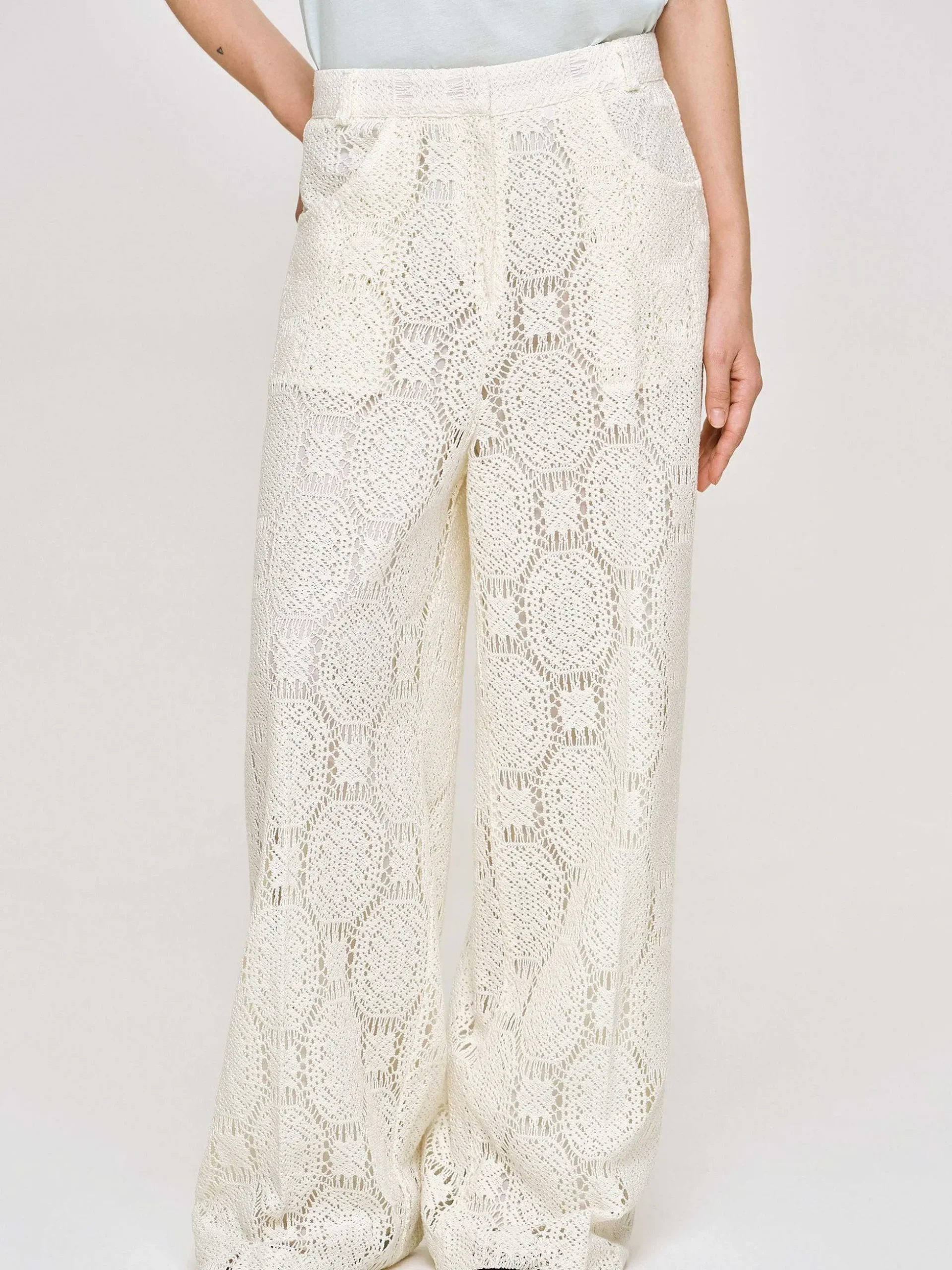 Women Source Unknown Clothing-Sevilla Crochet Wide Trousers, Ecru