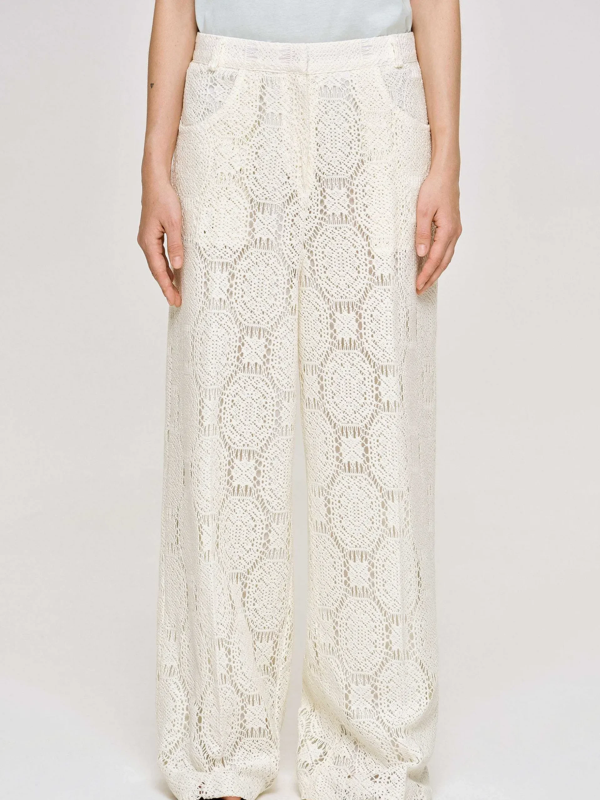 Women Source Unknown Clothing-Sevilla Crochet Wide Trousers, Ecru