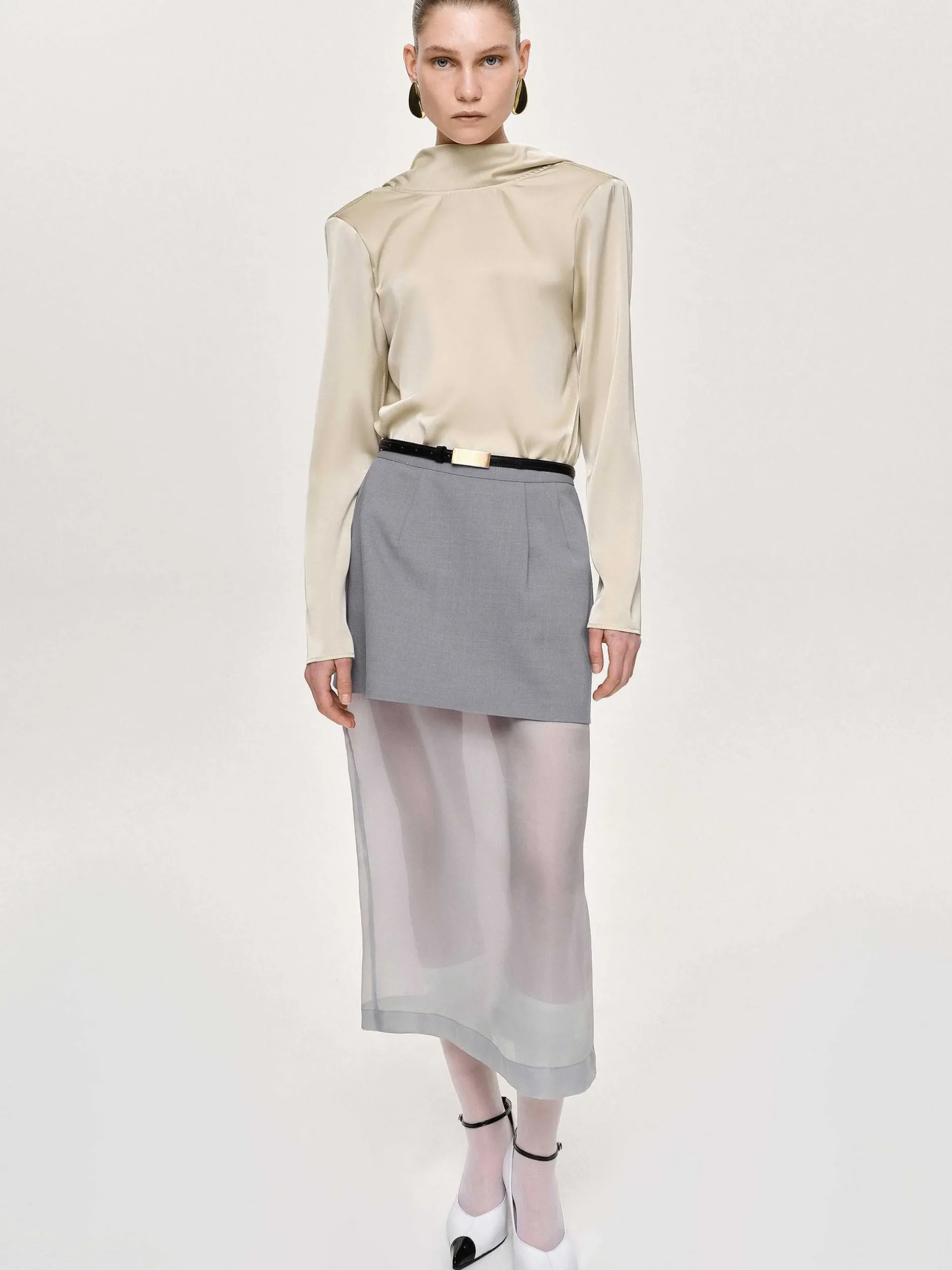 Women Source Unknown Bottoms-Sheer Midi Skirt, Taupe Gray