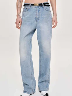 Women Source Unknown Clothing-Side Paneled Straight Jeans, Light Washed Blue