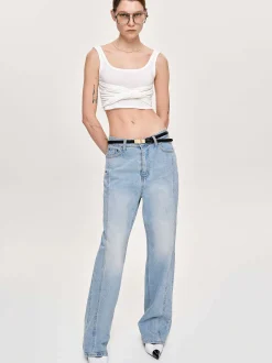 Women Source Unknown Clothing-Side Paneled Straight Jeans, Light Washed Blue