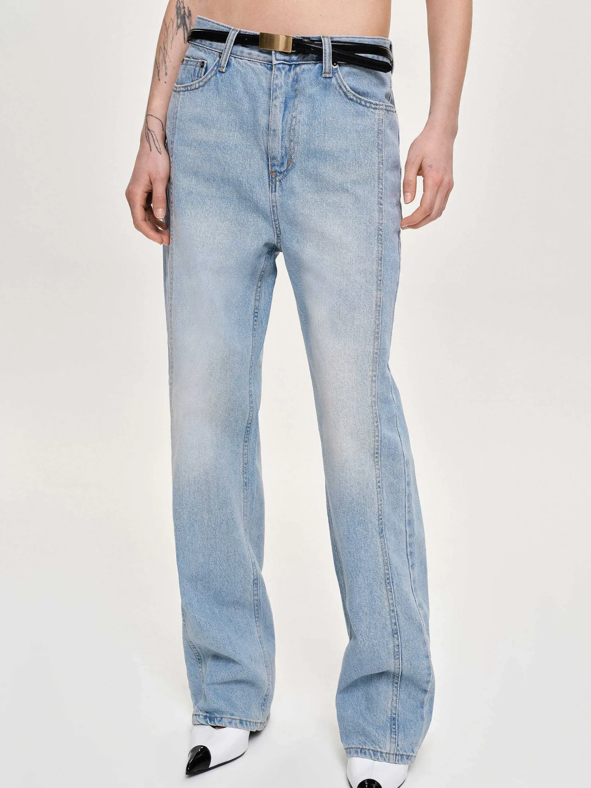 Women Source Unknown Clothing-Side Paneled Straight Jeans, Light Washed Blue