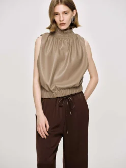 Women Source Unknown Accessories-Sleeveless Leather Top, Beige