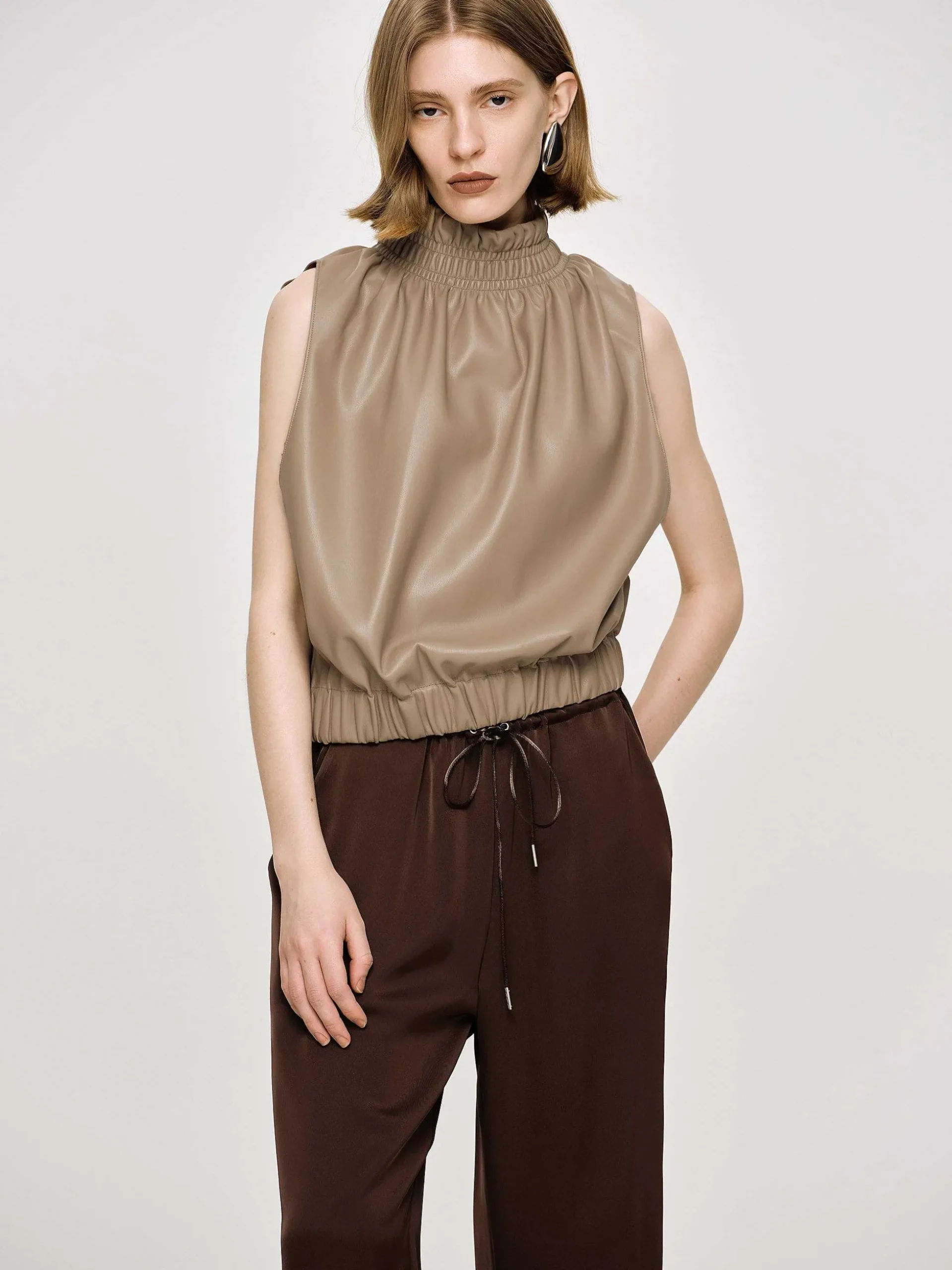 Women Source Unknown Accessories-Sleeveless Leather Top, Beige