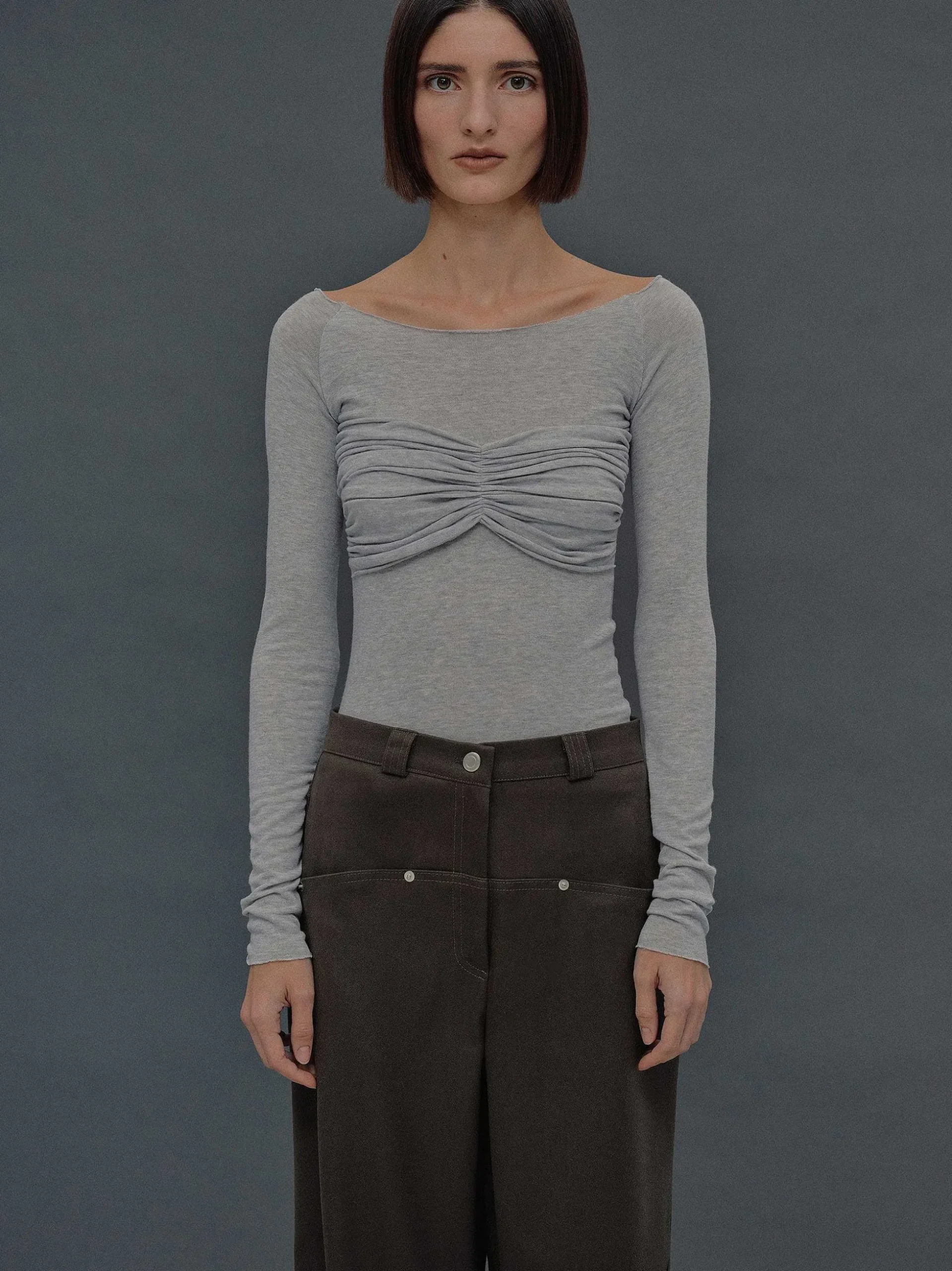 Women Source Unknown Tops-Slim Bustier Jersey Tee, Mist Grey