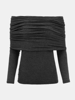 Women Source Unknown Accessories-Tova Off Shoulder Knit, Dark Grey Melange