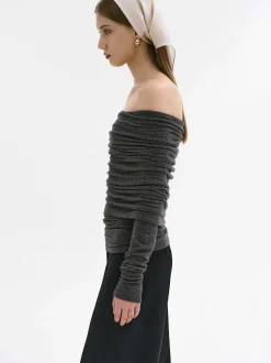 Women Source Unknown Accessories-Tova Off Shoulder Knit, Dark Grey Melange