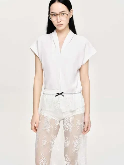 Women Source Unknown Clothing-V-Neck Crepe Blouse, White