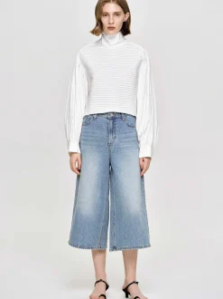 Women Source Unknown Clothing-Wide Cropped Jeans, Medium Blue