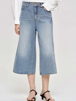 Women Source Unknown Clothing-Wide Cropped Jeans, Medium Blue